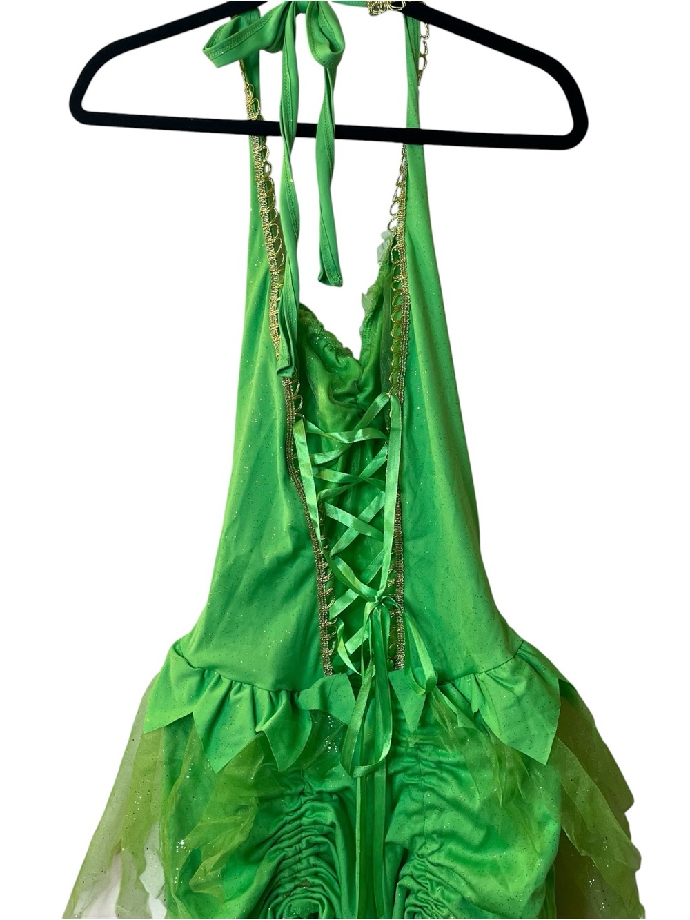 Tinkerbell Costume Bright Green Sparkle Tulle Halter Dress Sz L - Picture 2 of 7